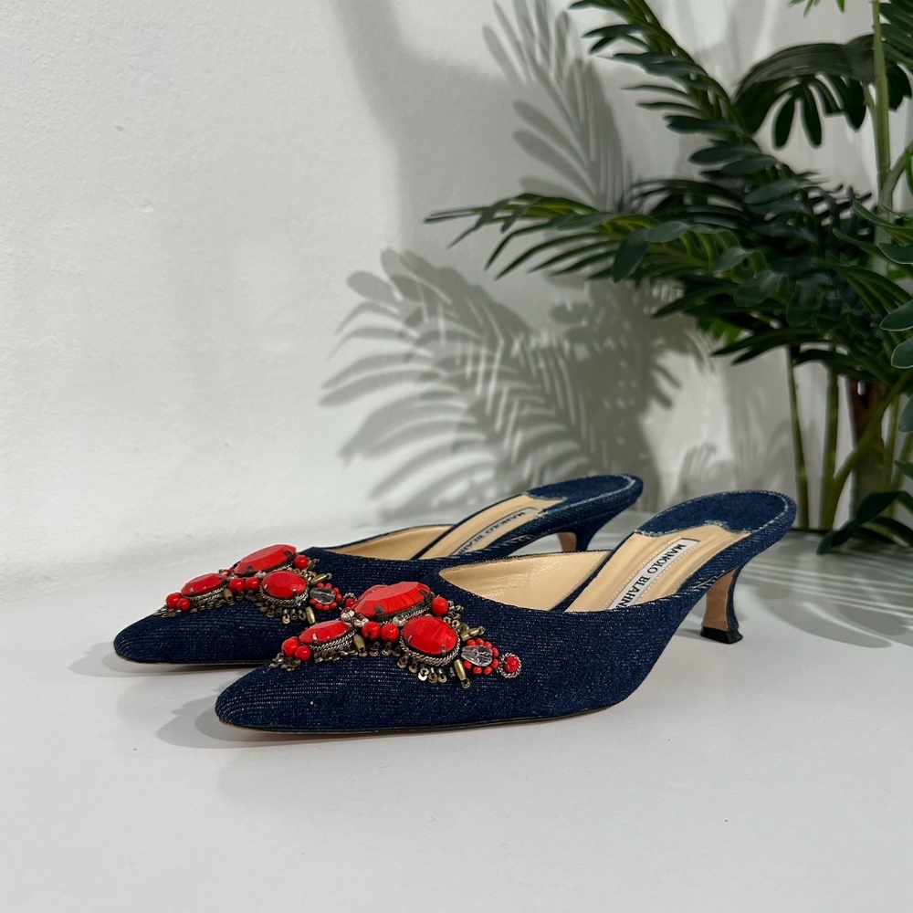 Manolo Blahnik Denim Mule Heels with Red Rhinestone Embellishment Size 38